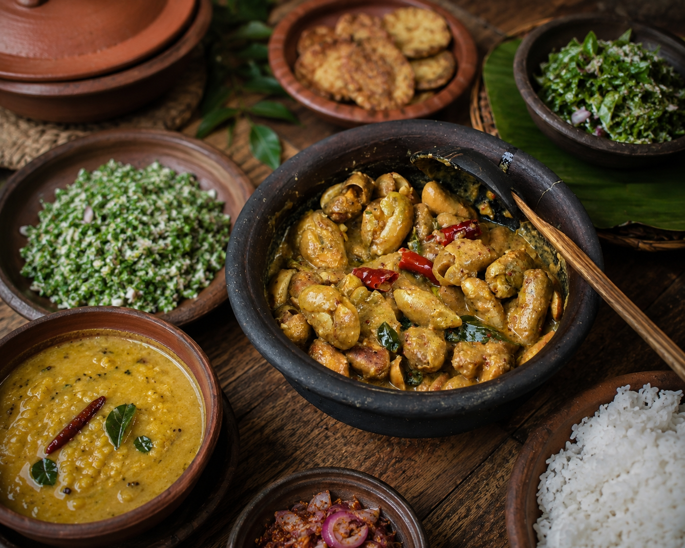 Traditional Sri Lankan rice and curry lunch spread