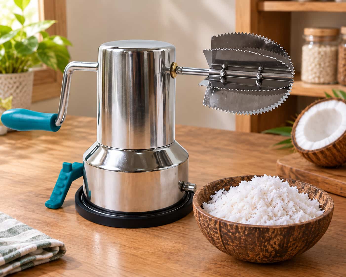 Fresh coconut and traditional scraper tool