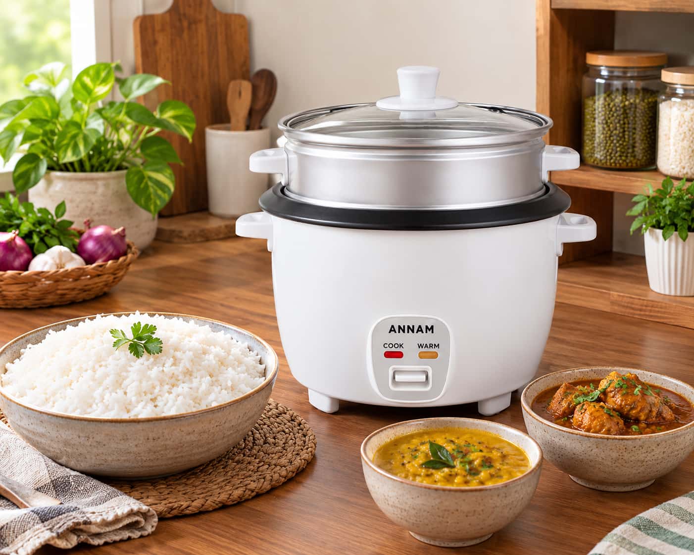 Cooked rice and curry meal