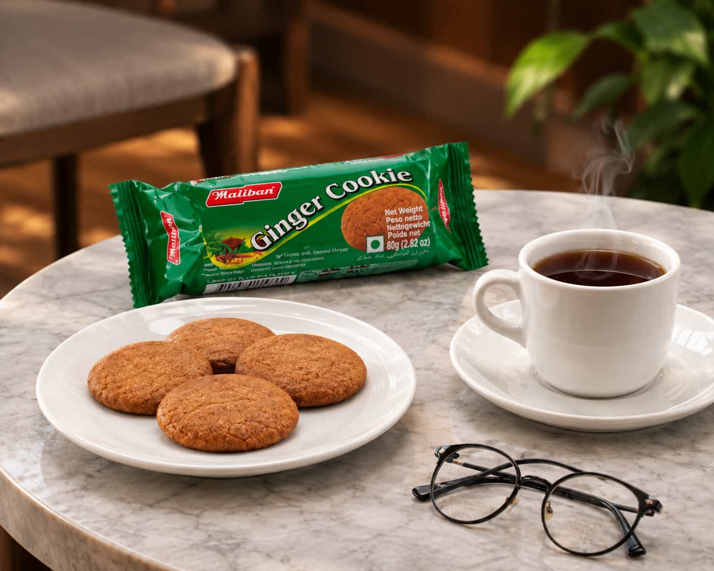 Crisp baked ginger biscuits and tea cup