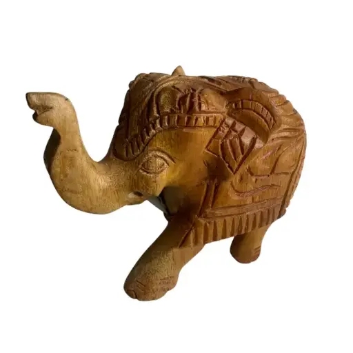 Hand-Carved Wooden Elephant with Raised Trunk 10cm | අතින් කැටයම් කළ ලී අලියා