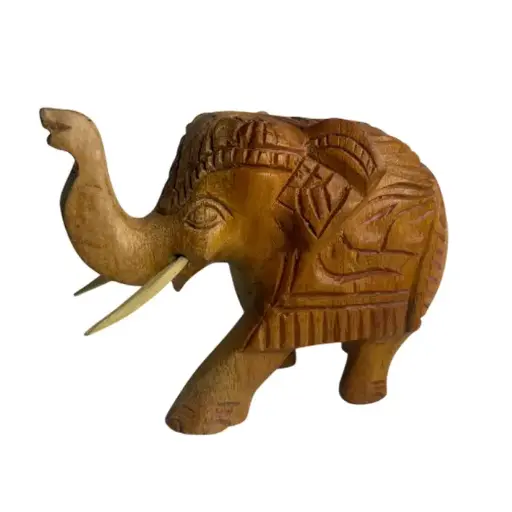 Hand-Carved Wooden Elephant with Raised Trunk 13cm | අතින් කැටයම් කළ ලී අලියා